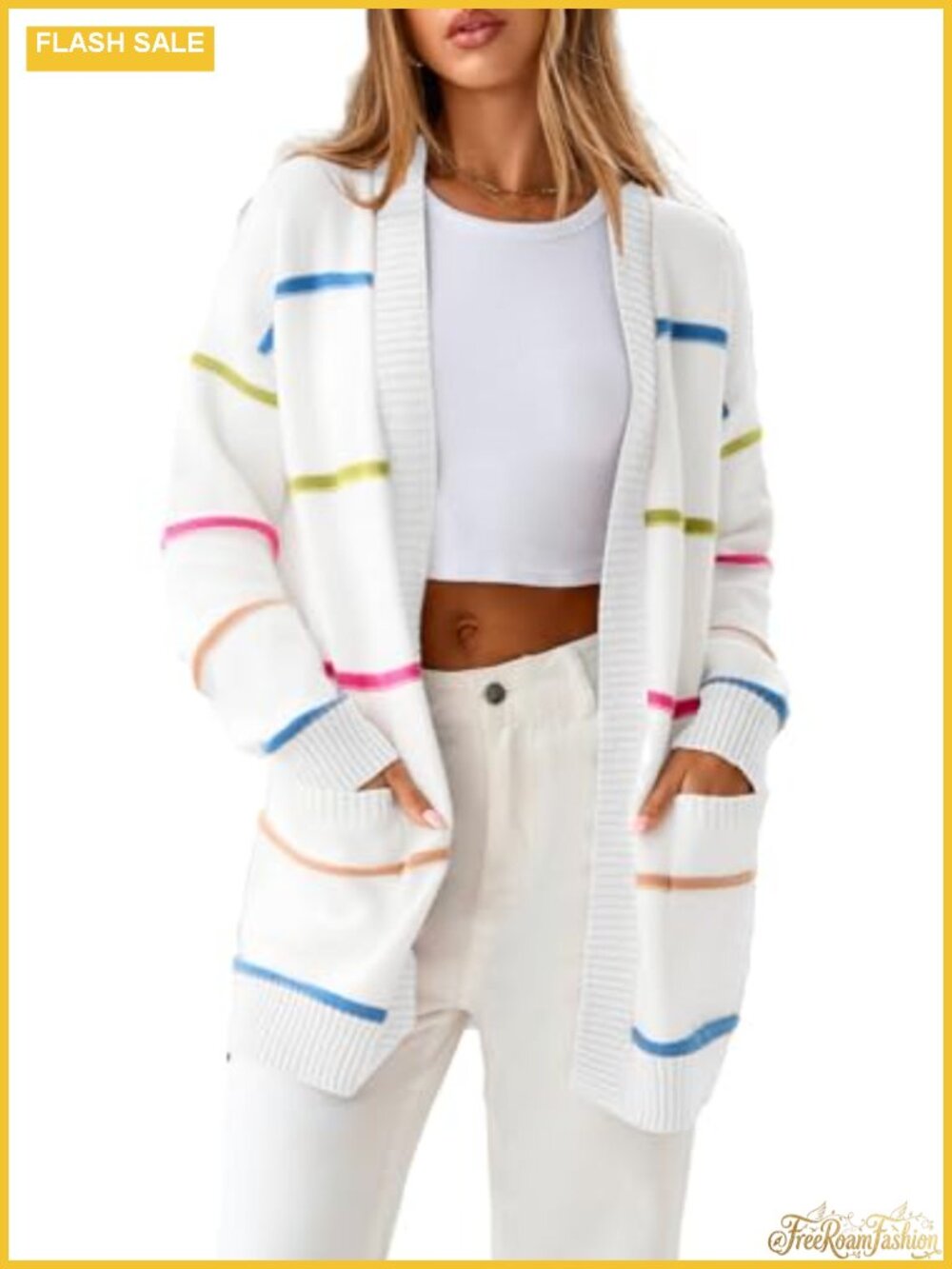 Open Front Striped Cardigan Lightweight Long Sleeve V-Neck with Pockets